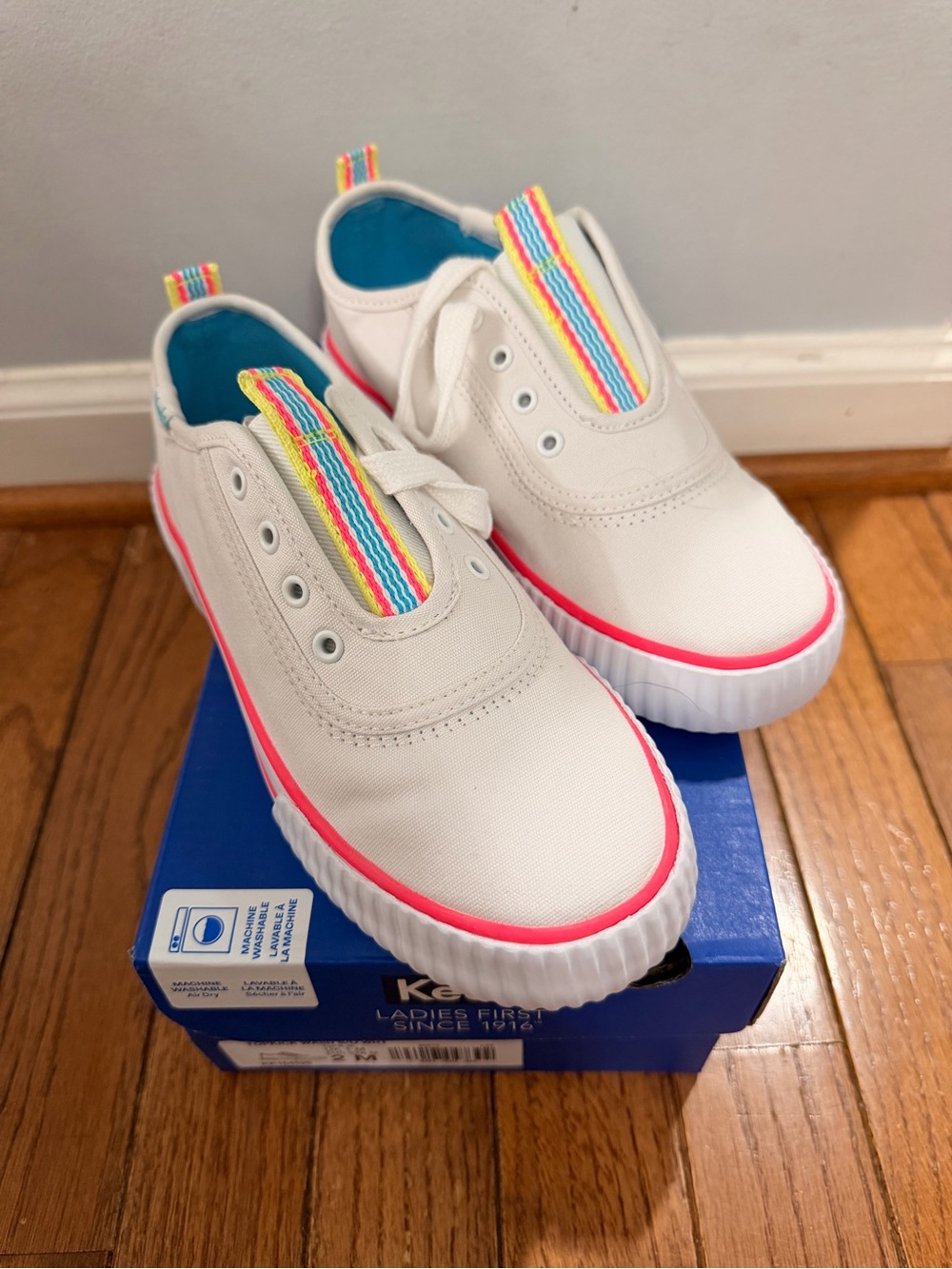 Keds White Canvas Kids Sneakers with Rainbow Elastic Trim